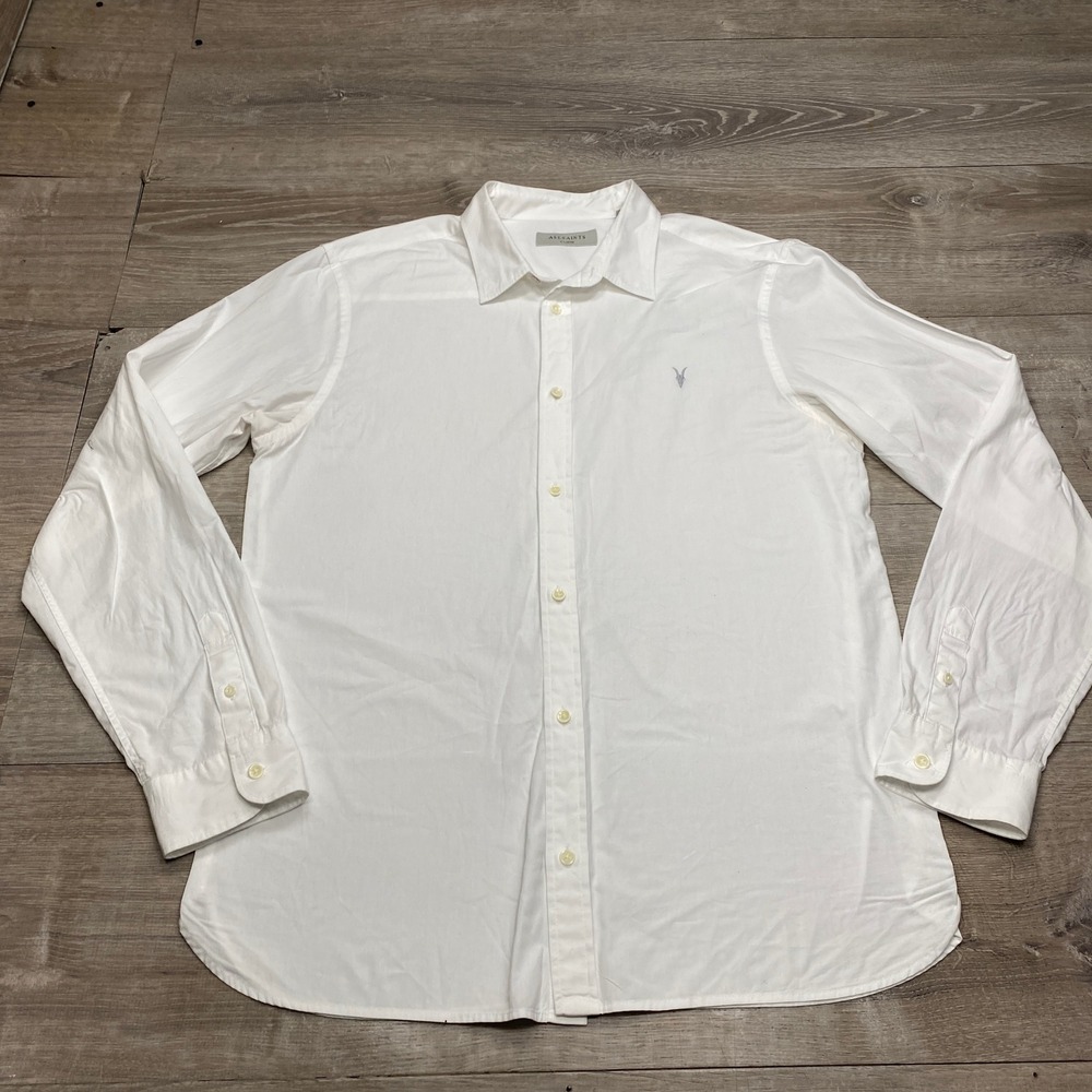 AllSaints Button Down Shirt Mens XL White Ramskull Logo Long Sleeve Casual